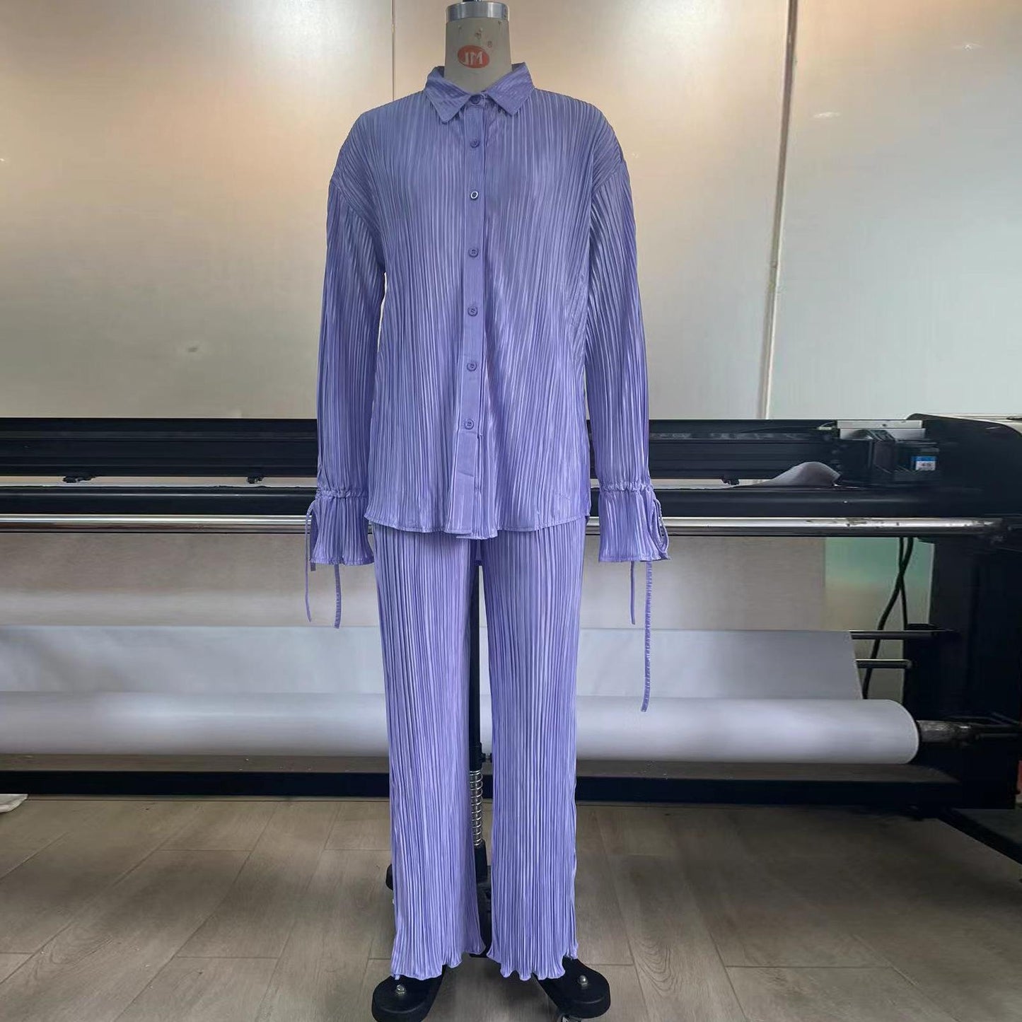 #HS5006 Coton + Polyester/S-XL Nouvel ensemble deux pièces printemps/été chemise à manches longues plissée et à revers