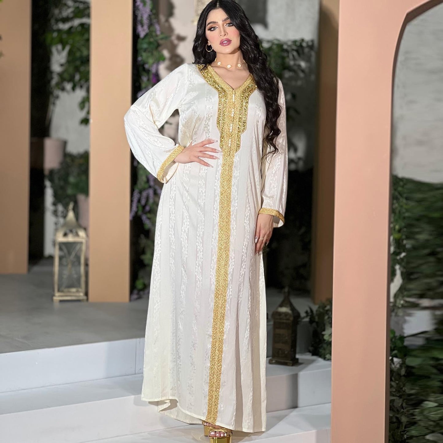 فستان إسلامي جديد من الساتان الأبيض من HS0361 S-2XL للنساء من الدانتيل الماسي الساخن