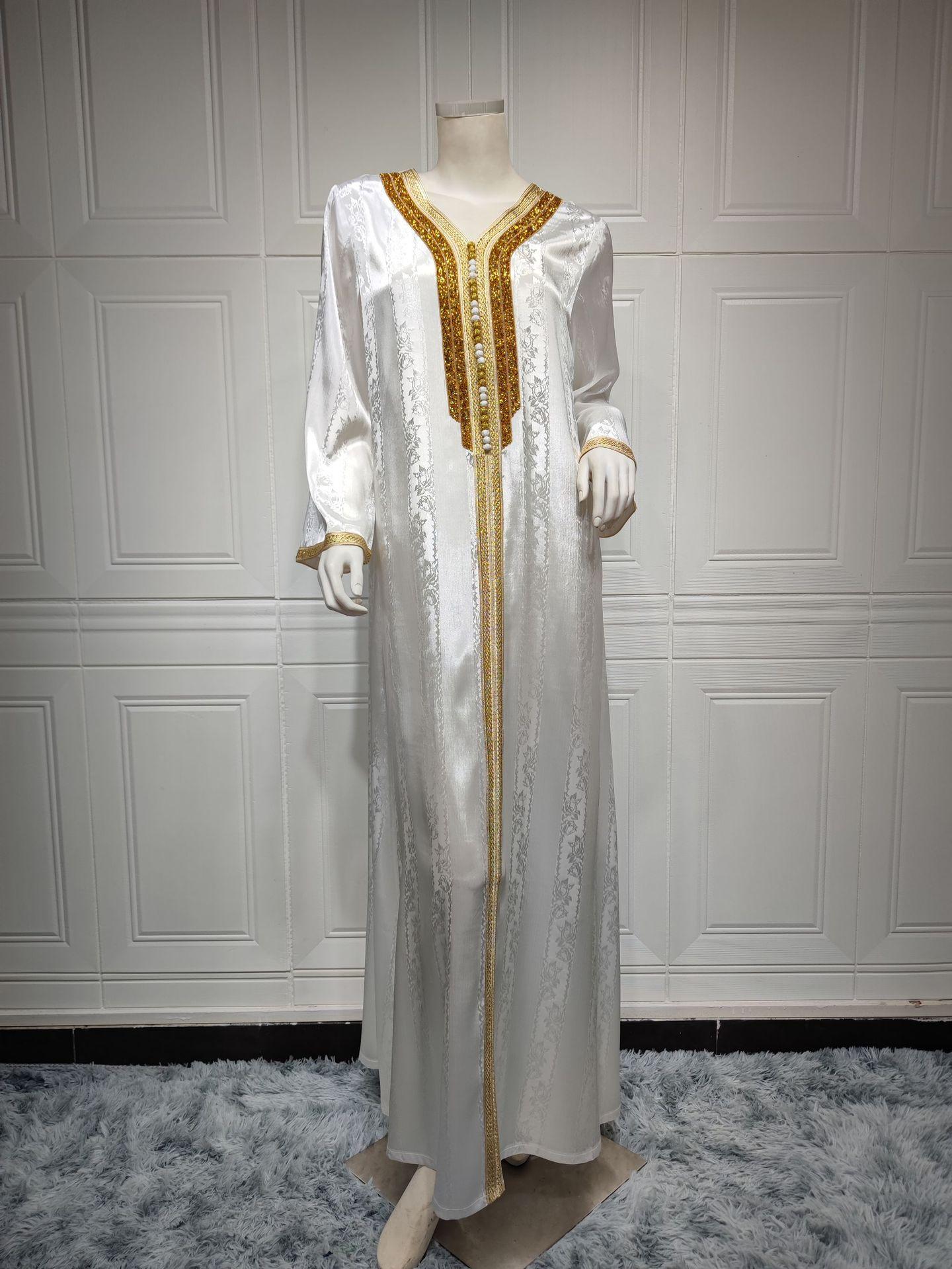 فستان إسلامي جديد من الساتان الأبيض من HS0361 S-2XL للنساء من الدانتيل الماسي الساخن