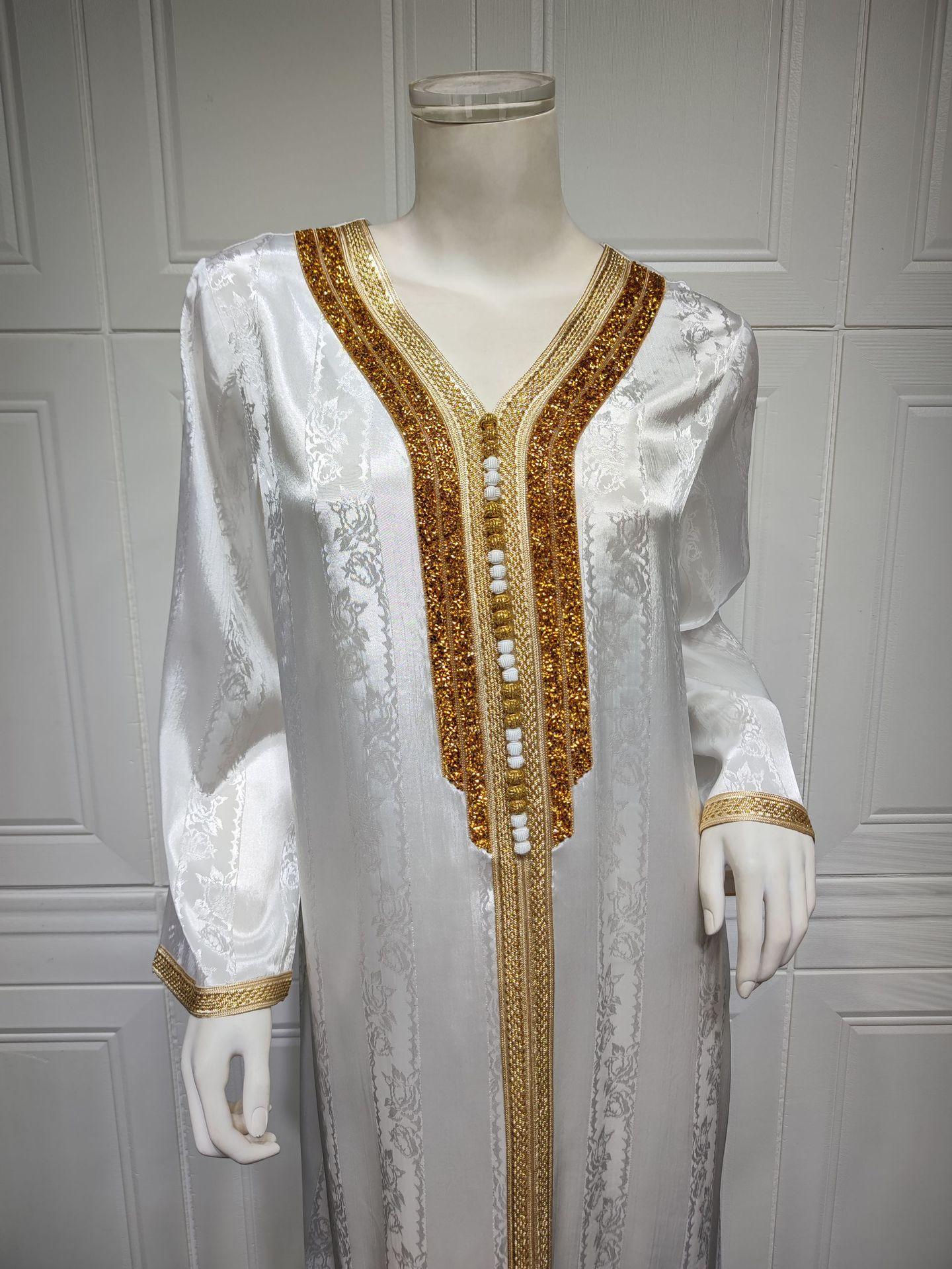 فستان إسلامي جديد من الساتان الأبيض من HS0361 S-2XL للنساء من الدانتيل الماسي الساخن