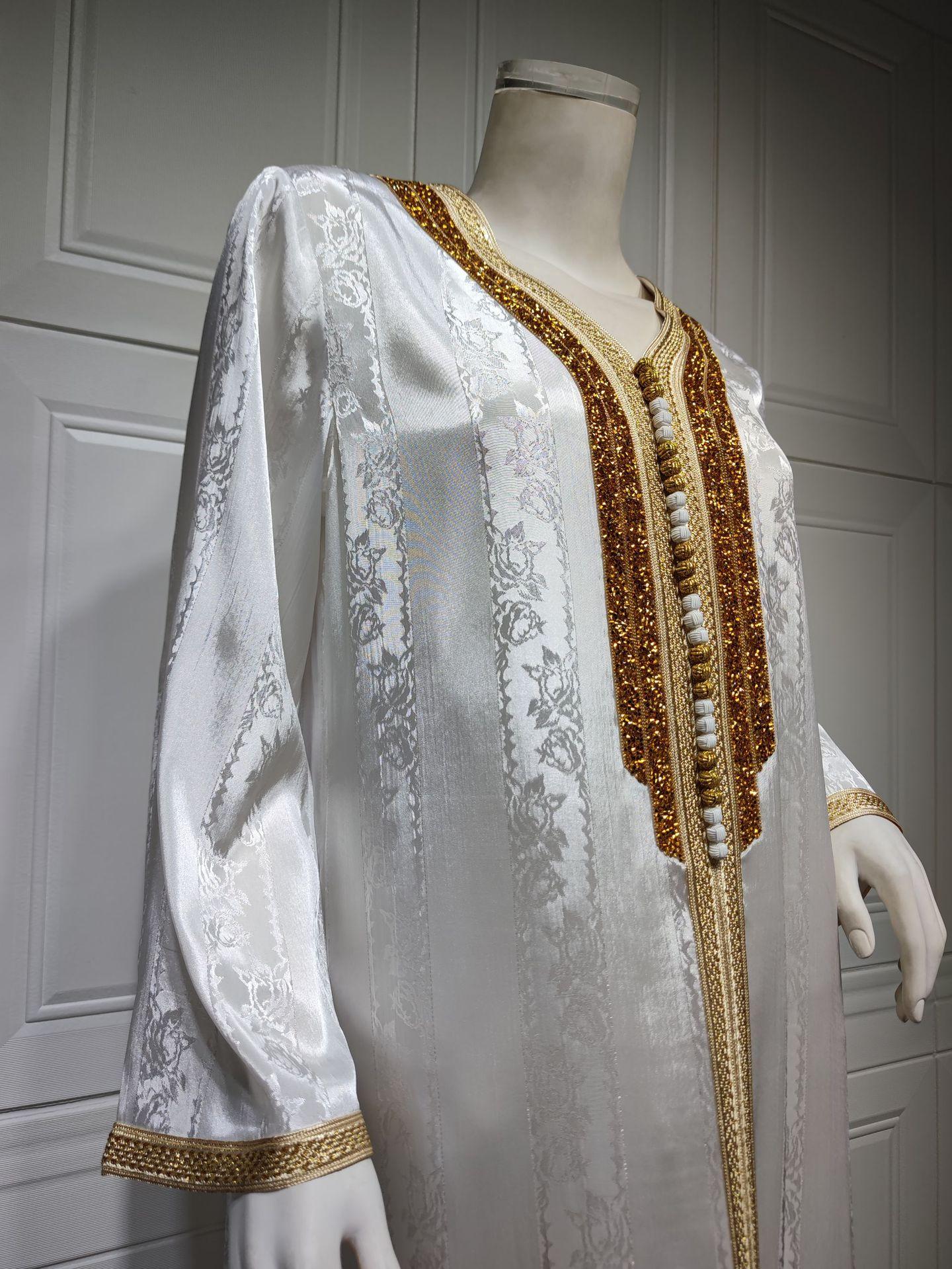 فستان إسلامي جديد من الساتان الأبيض من HS0361 S-2XL للنساء من الدانتيل الماسي الساخن