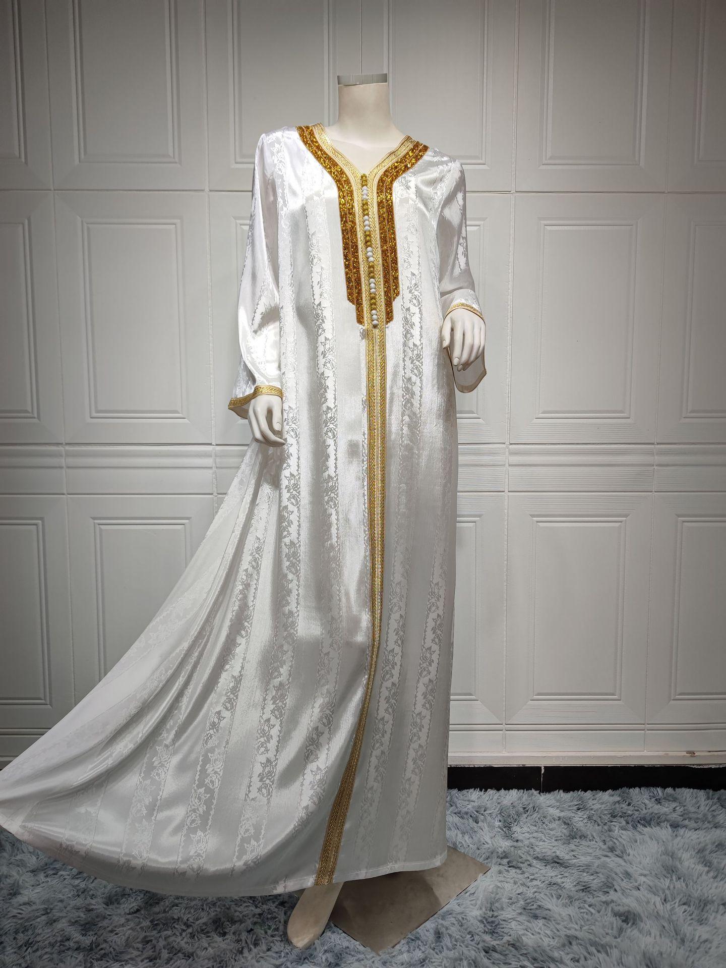 فستان إسلامي جديد من الساتان الأبيض من HS0361 S-2XL للنساء من الدانتيل الماسي الساخن