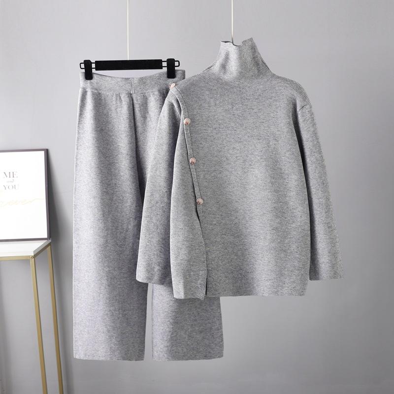 HS0341 high neck winter warm wide leg pants knitted 2 PCS SET