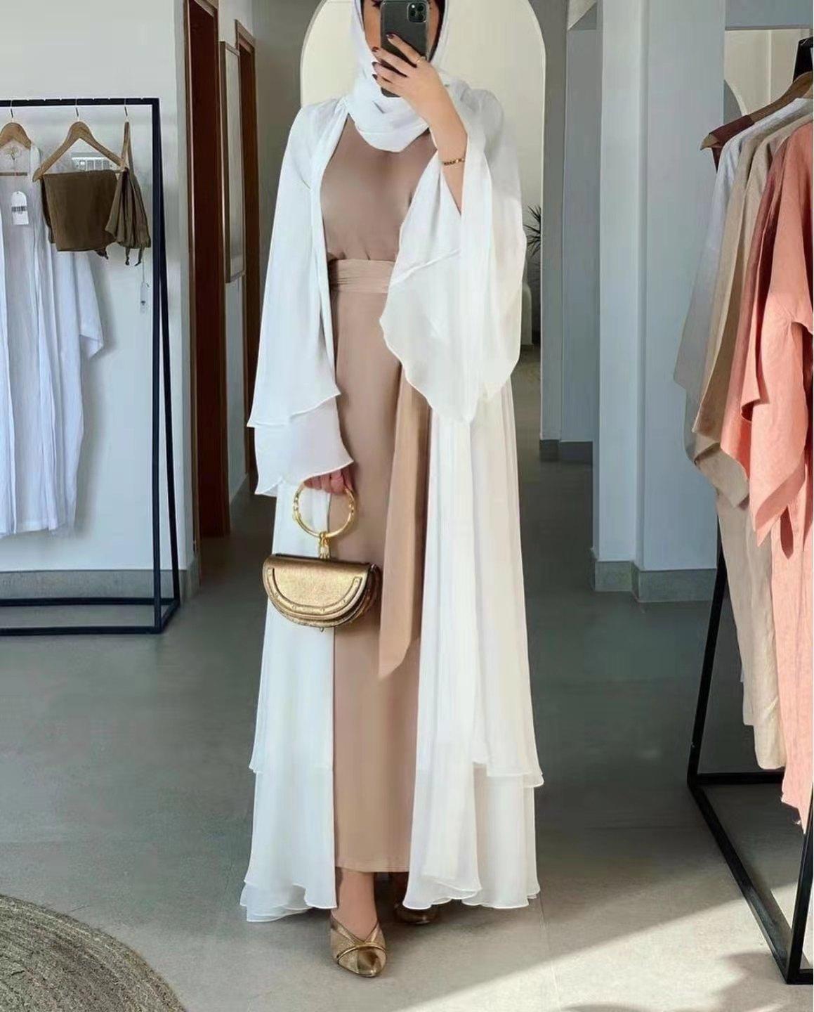 #HS10073 Cardigan en mousseline de soie douce et fluide pour femme grande taille avec hijab