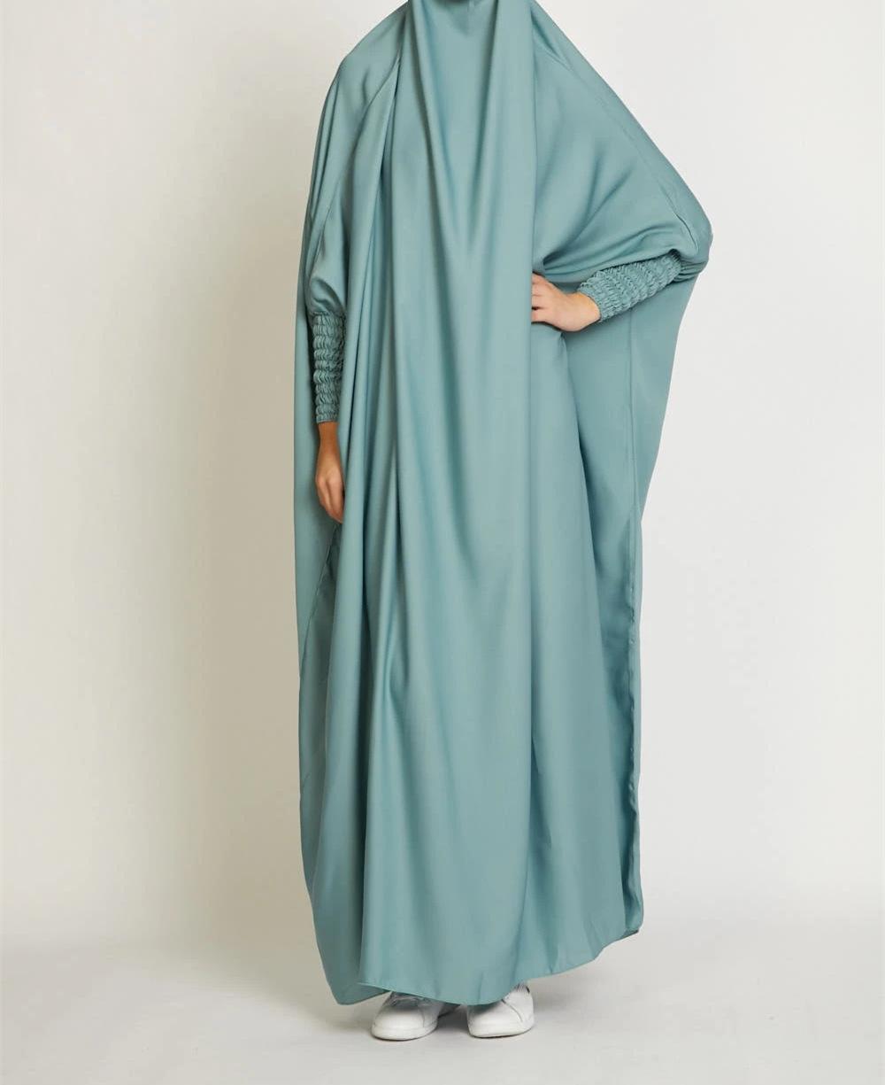HS10067 Jilbab de prière musulman de couleur unie Mukena avec tissu doux et poignets élastiqués et hijab instantané attachable