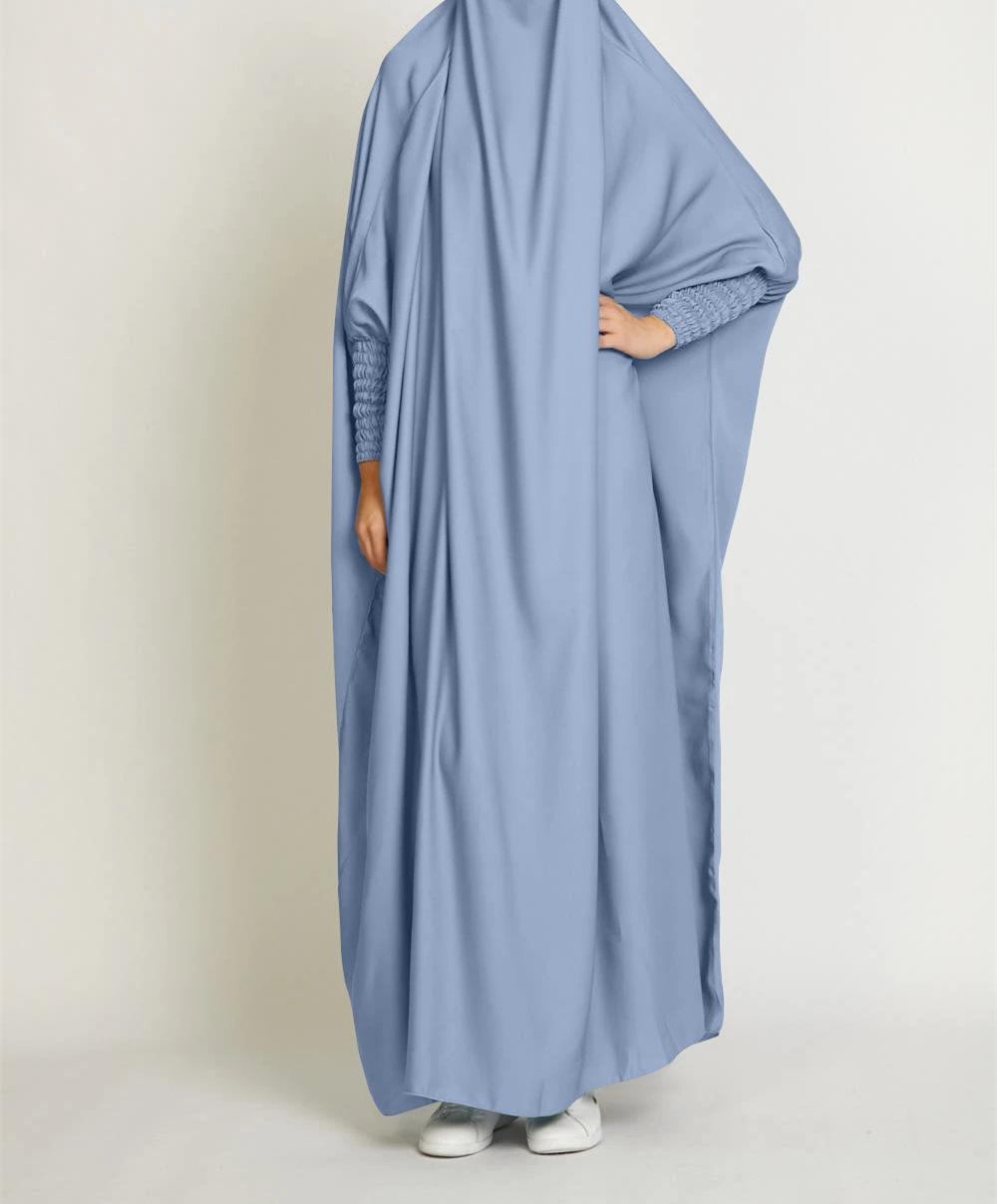 HS10067 Jilbab de prière musulman de couleur unie Mukena avec tissu doux et poignets élastiqués et hijab instantané attachable