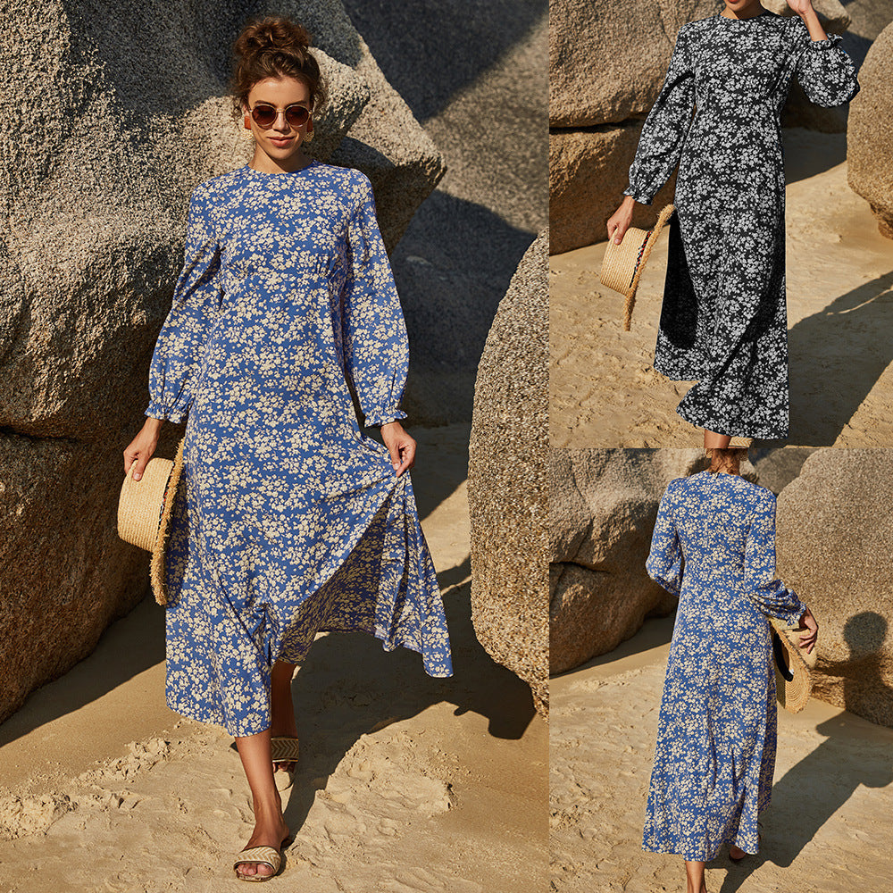 Robe fleurie vintage à la mode avec manches longues