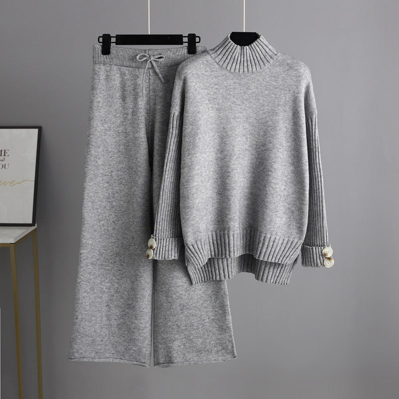 HS0324 2022 autumn and winter new loose high-collar sweater suit female fashionable broad-legged pants two-piece set
