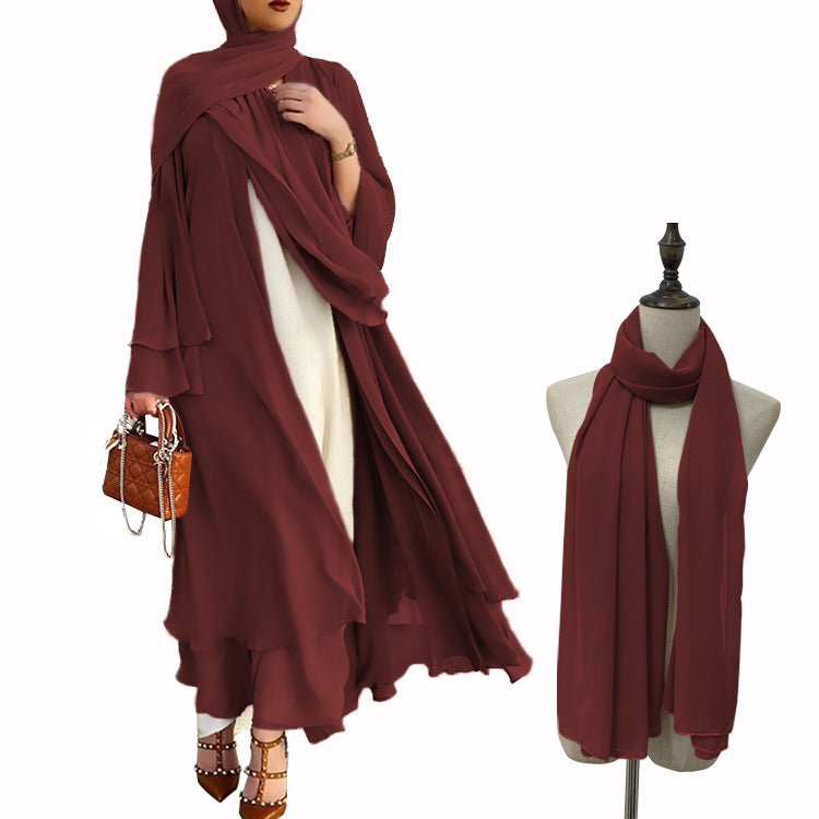 #HS10073 Cardigan en mousseline de soie douce et fluide pour femme grande taille avec hijab