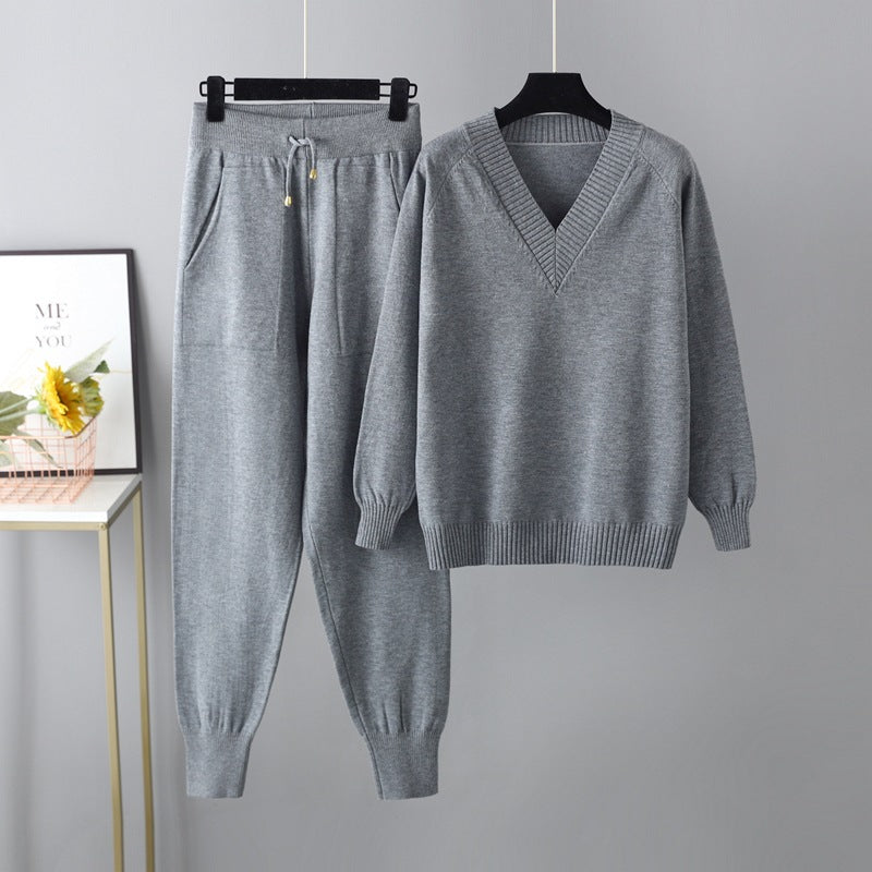 HS0476 autum and winter knitted 2 PCS SET V-neck with pockets