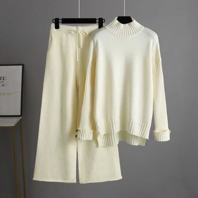 HS0324 2022 autumn and winter new loose high-collar sweater suit female fashionable broad-legged pants two-piece set