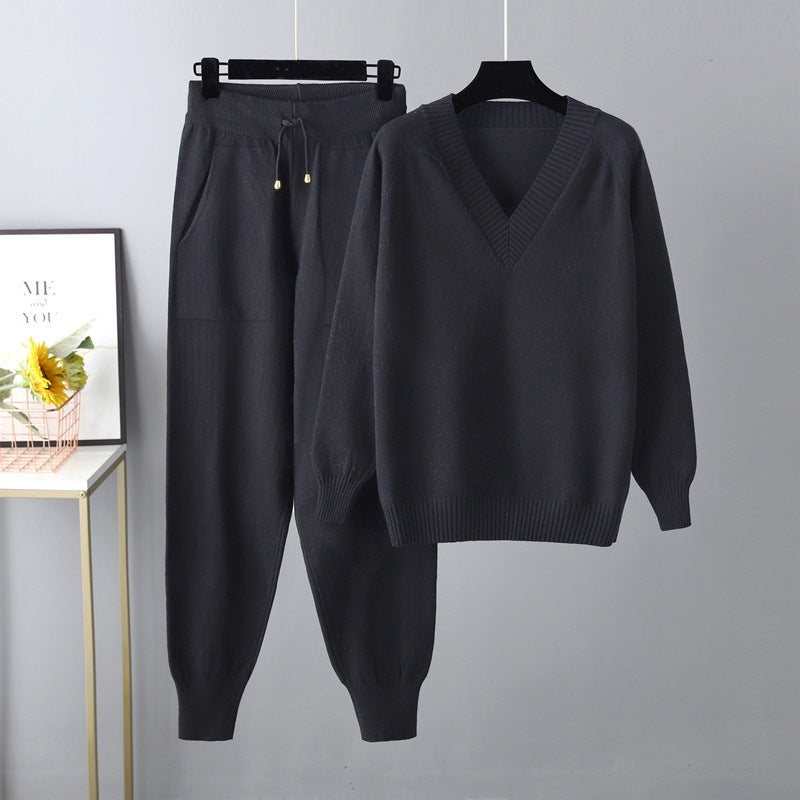 HS0476 autum and winter knitted 2 PCS SET V-neck with pockets