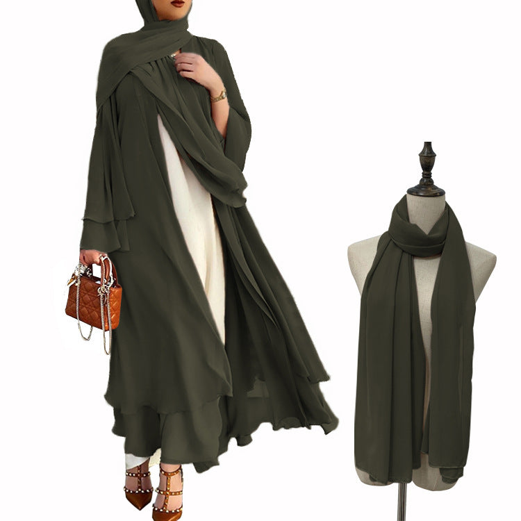 #HS10073 Cardigan en mousseline de soie douce et fluide pour femme grande taille avec hijab