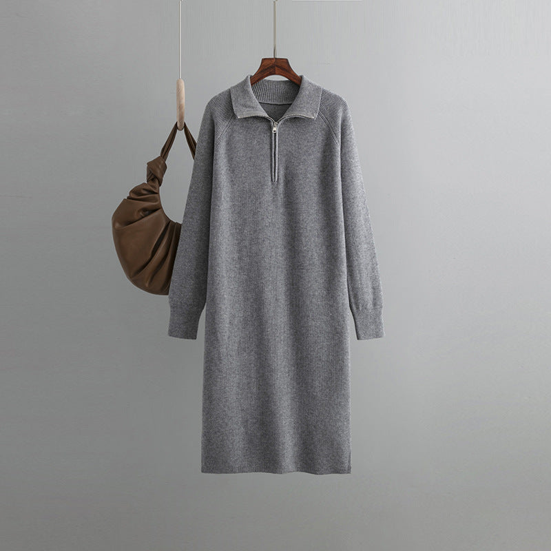 HS0338 knitted dress women 2022 spring and autumn senior sense of zipper pullover outside through the knee sweater long dress