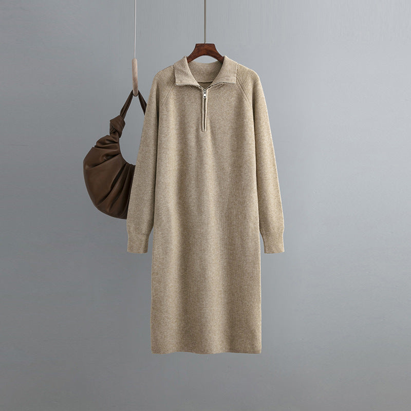 HS0338 knitted dress women 2022 spring and autumn senior sense of zipper pullover outside through the knee sweater long dress