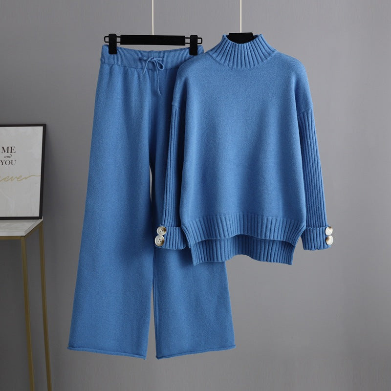 HS0324 2022 autumn and winter new loose high-collar sweater suit female fashionable broad-legged pants two-piece set