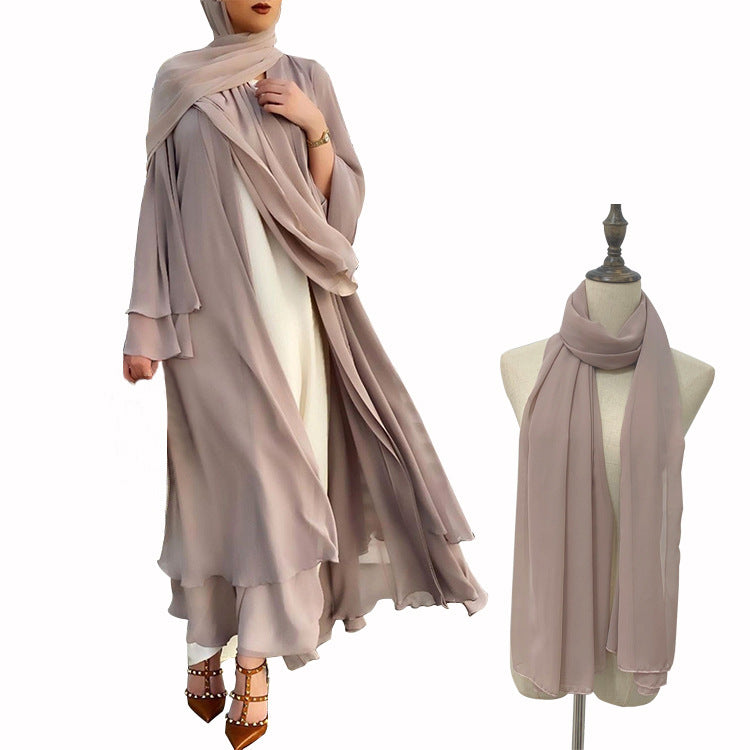 #HS10073 Cardigan en mousseline de soie douce et fluide pour femme grande taille avec hijab