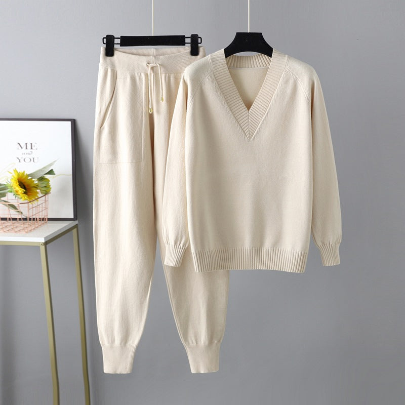 HS0476 autum and winter knitted 2 PCS SET V-neck with pockets
