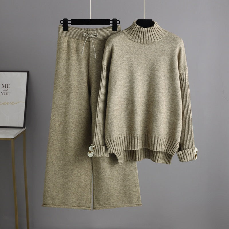 HS0324 2022 autumn and winter new loose high-collar sweater suit female fashionable broad-legged pants two-piece set