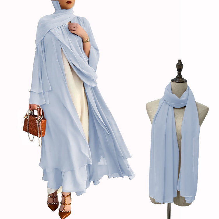 #HS10073 Cardigan en mousseline de soie douce et fluide pour femme grande taille avec hijab