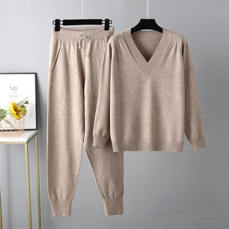 HS0476 autum and winter knitted 2 PCS SET V-neck with pockets
