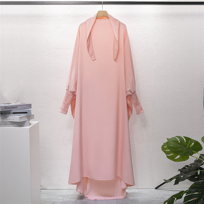 HS10067 Jilbab de prière musulman de couleur unie Mukena avec tissu doux et poignets élastiqués et hijab instantané attachable