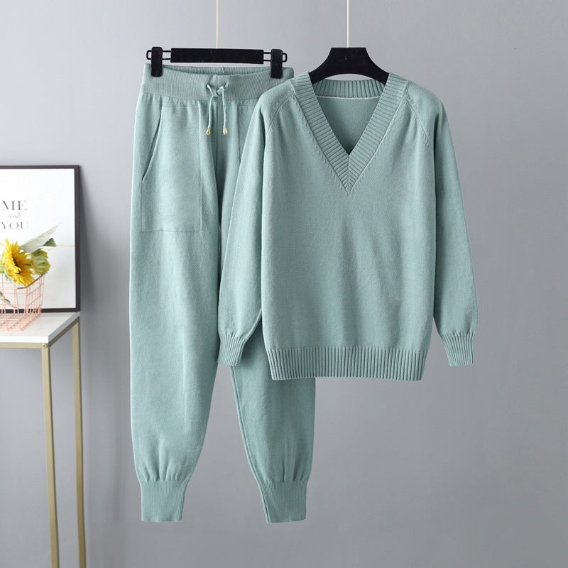 HS0476 autum and winter knitted 2 PCS SET V-neck with pockets