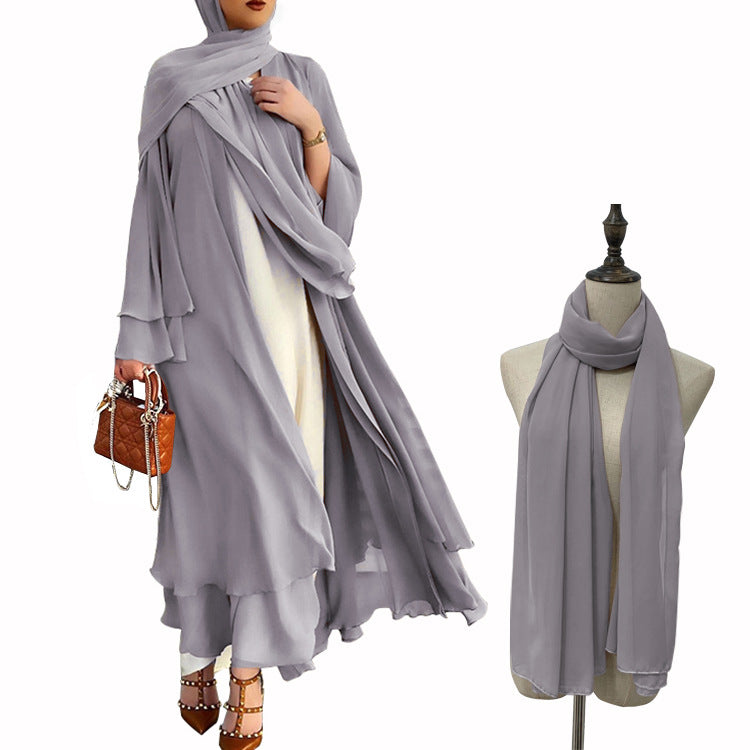 #HS10073 Cardigan en mousseline de soie douce et fluide pour femme grande taille avec hijab