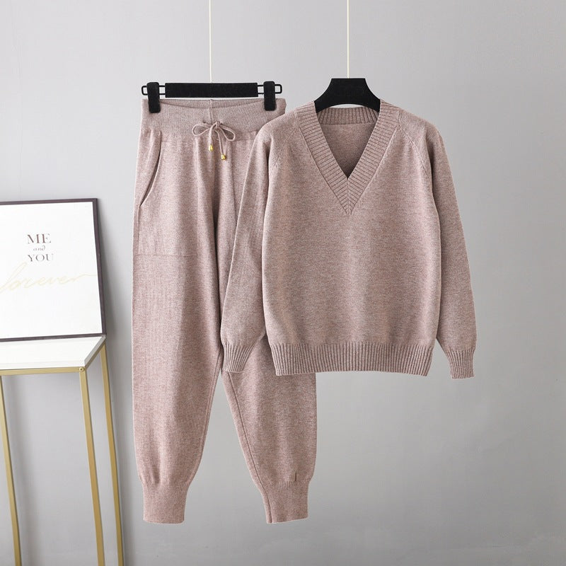 HS0476 autum and winter knitted 2 PCS SET V-neck with pockets