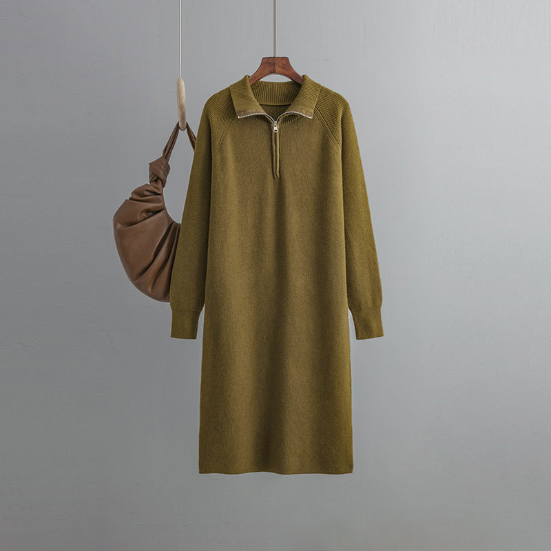 HS0338 knitted dress women 2022 spring and autumn senior sense of zipper pullover outside through the knee sweater long dress