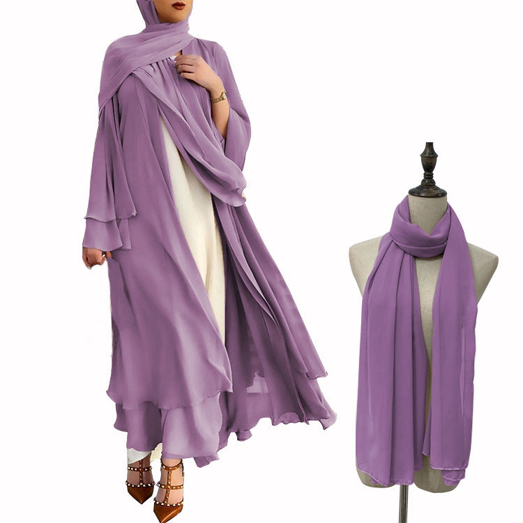 #HS10073 Cardigan en mousseline de soie douce et fluide pour femme grande taille avec hijab
