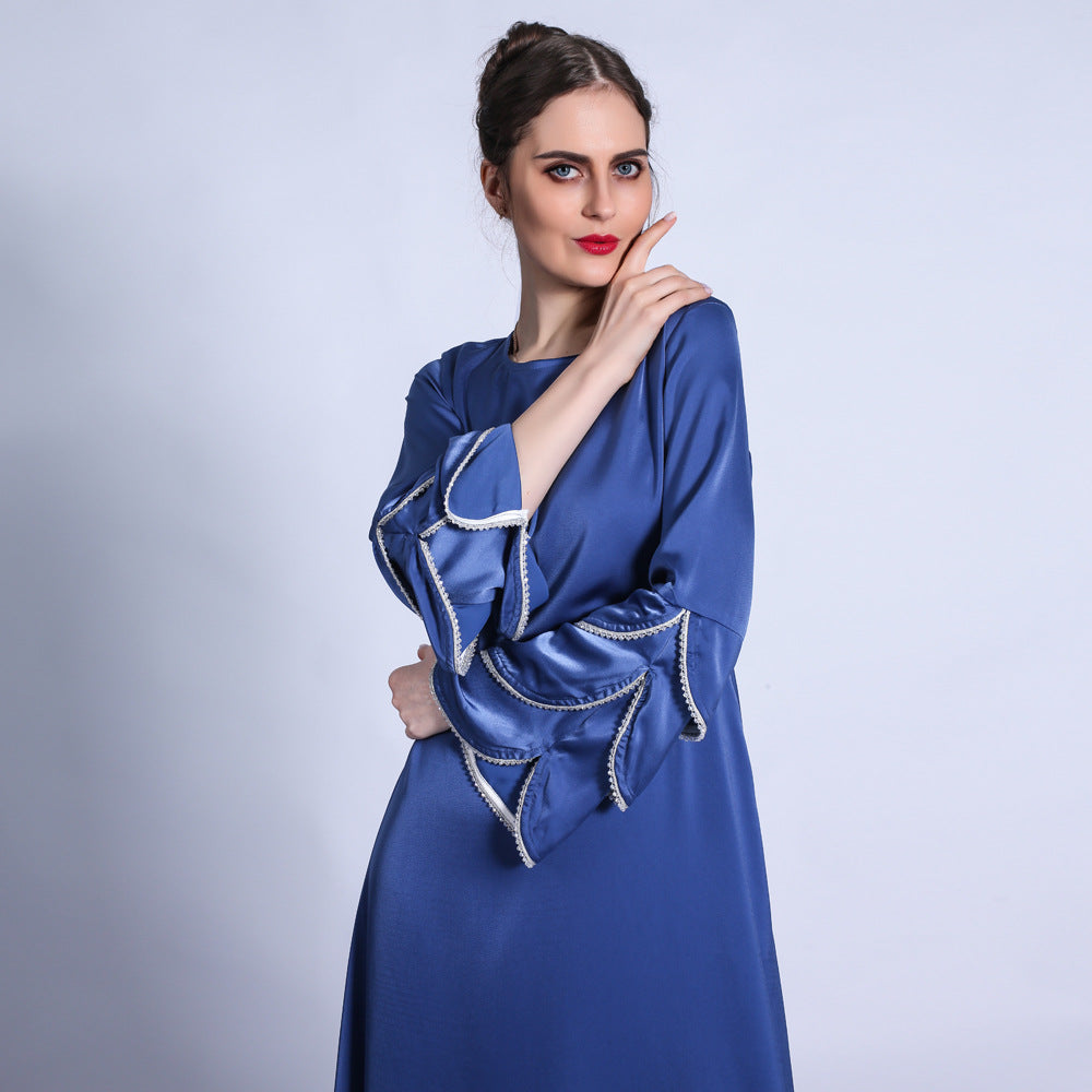 فستان HS0431 غير اللامع بذيل السمكة وأكمام بثلاث طبقات وخرز لامع على شكل حرف A وفستان طويل متأرجح كبير للنساء
