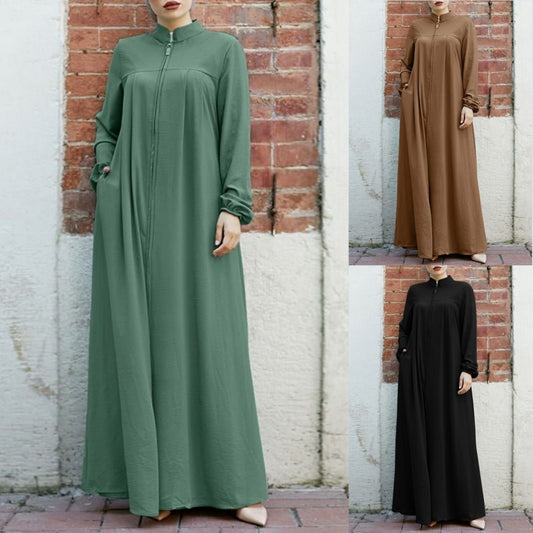 HASASERIES HS0552 Muslim style Arabic style stand-up collar zipper pockets Abaya casual dresses