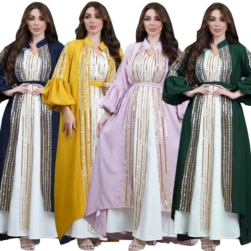 فستان نسائي إسلامي مطرز بالترتر مكون من قطعتين بأكمام منفوخة من HS0441