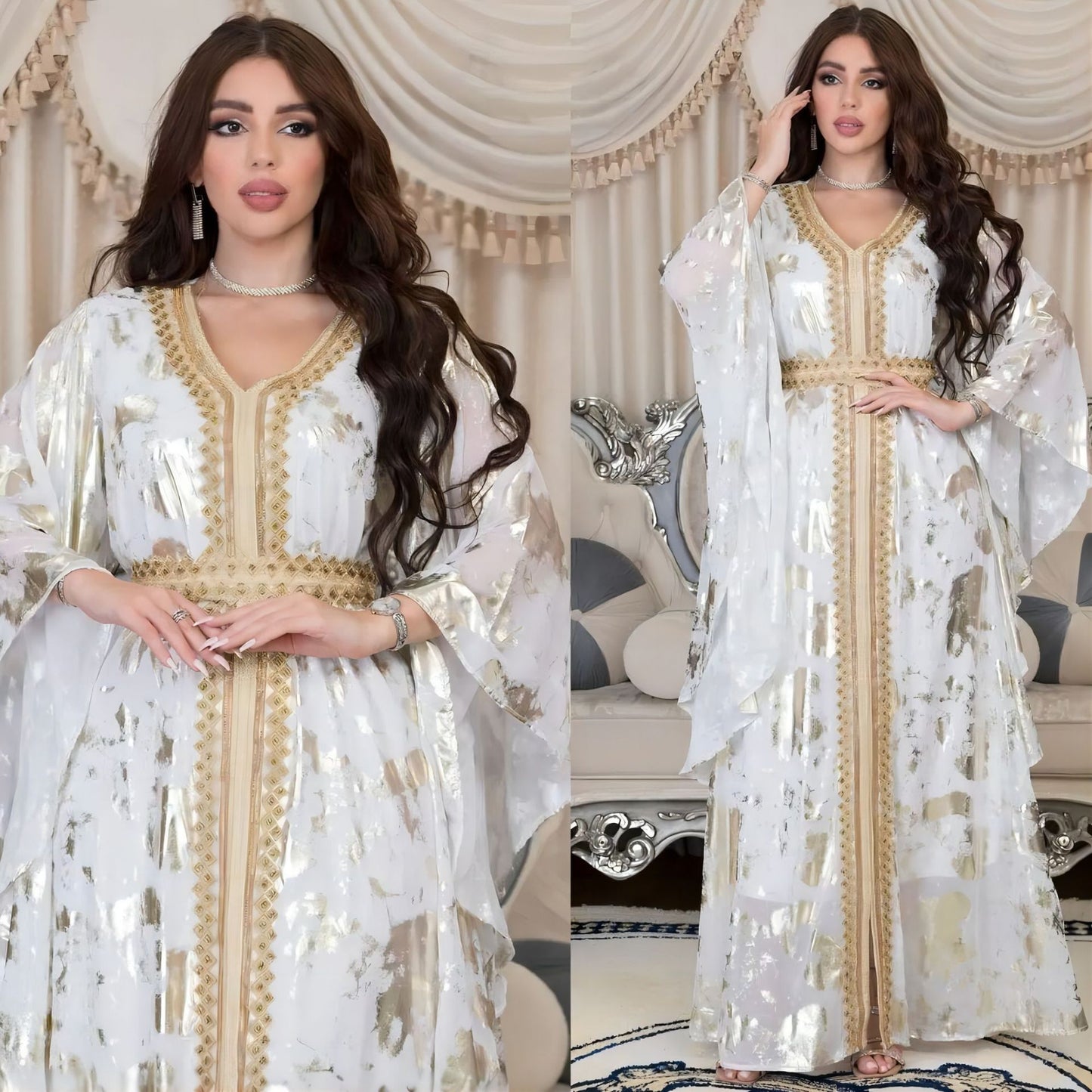 HS0438 2023 ربيع جديد مسلم شيفون برونزي رداء مع حزام فستان