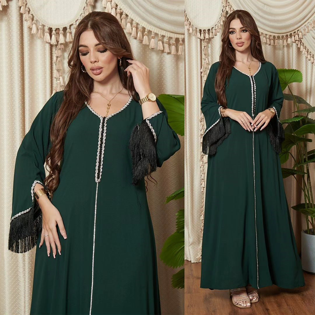 فستان نسائي مسلم HS0440 مزين بالماس بتصميم عصري من الفسيفساء مع شرابات
