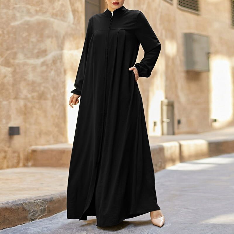HASASERIES HS0552 Muslim style Arabic style stand-up collar zipper pockets Abaya casual dresses