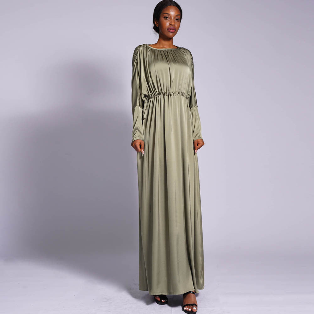 HS0435 Summer style front and back drawstring temperament dress solid color raglan sleeves ladies long skirt