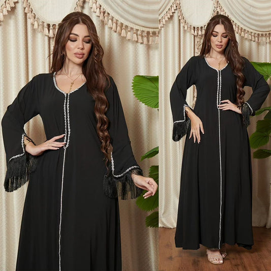 فستان نسائي مسلم HS0440 مزين بالماس بتصميم عصري من الفسيفساء مع شرابات