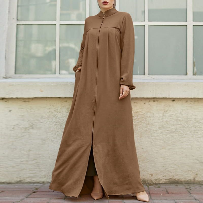 HASASERIES HS0552 Muslim style Arabic style stand-up collar zipper pockets Abaya casual dresses