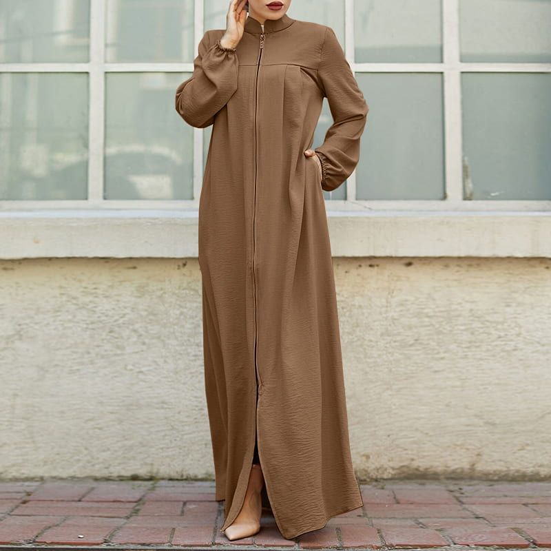 HASASERIES HS0552 Muslim style Arabic style stand-up collar zipper pockets Abaya casual dresses