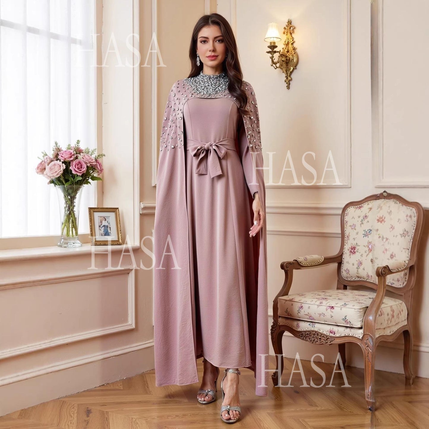 HASA HS6764 Elegant Waist Tie Formal Maxi Dress