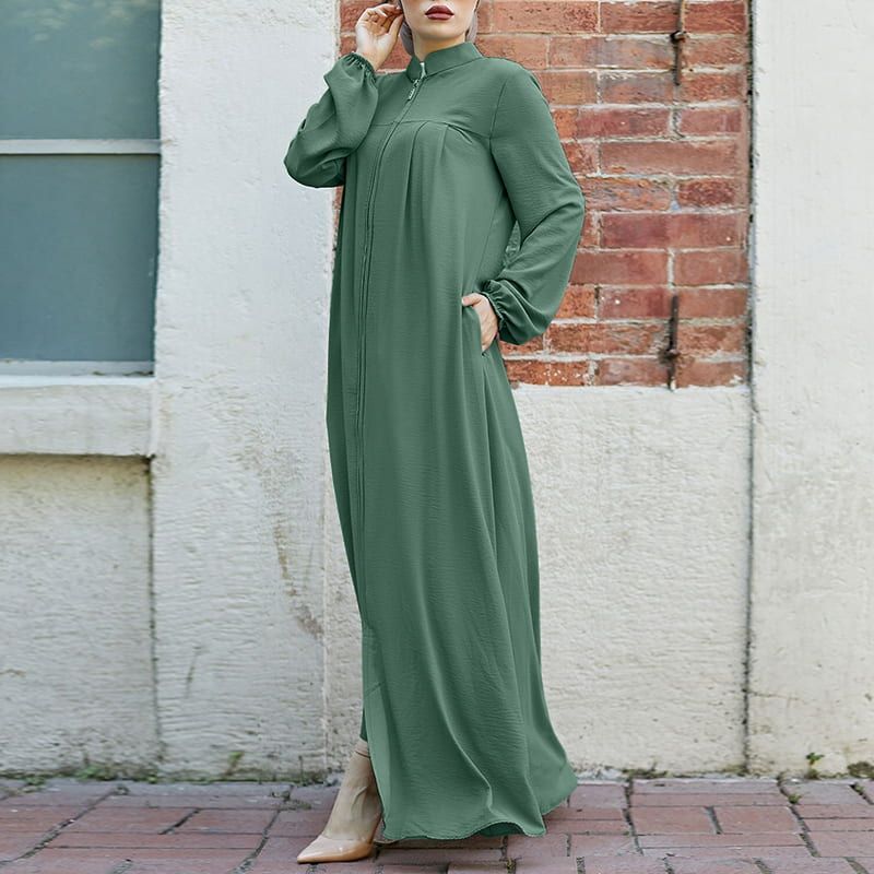 HASASERIES HS0552 Muslim style Arabic style stand-up collar zipper pockets Abaya casual dresses