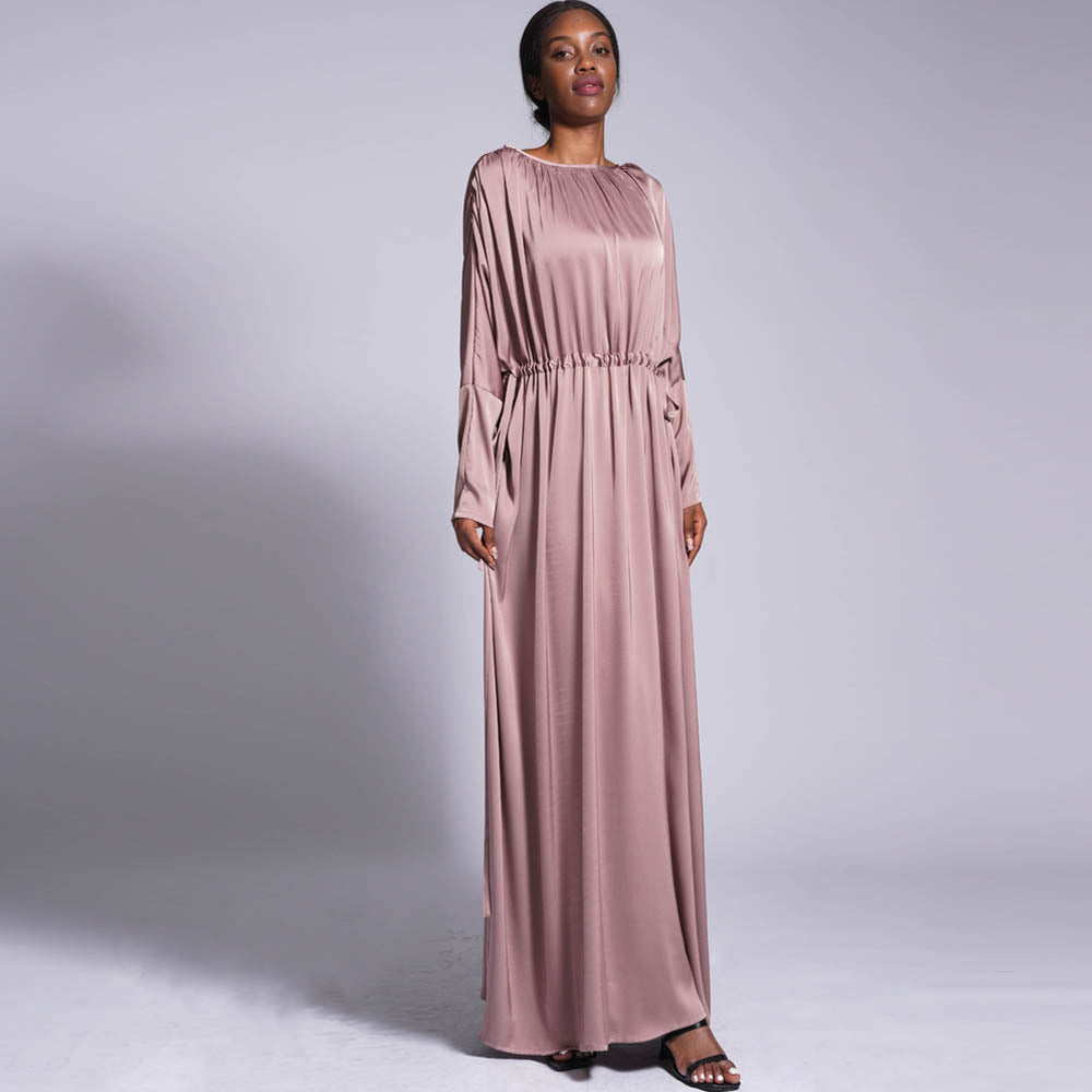 HS0435 Summer style front and back drawstring temperament dress solid color raglan sleeves ladies long skirt