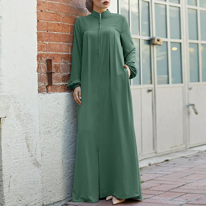 HASASERIES HS0552 Muslim style Arabic style stand-up collar zipper pockets Abaya casual dresses