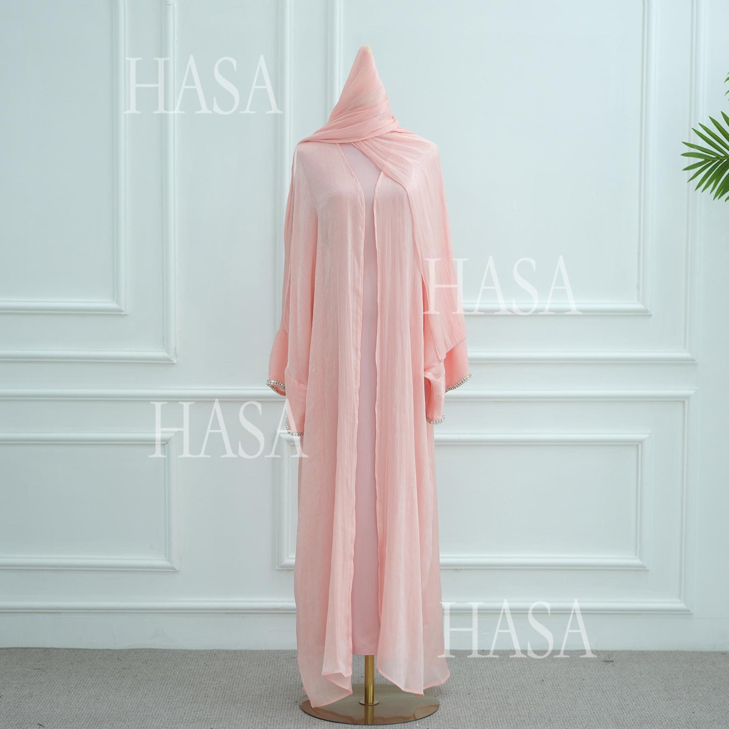 HS6553  Two-Piece Solid Abaya with Beaded Details and Matching Scarf Option