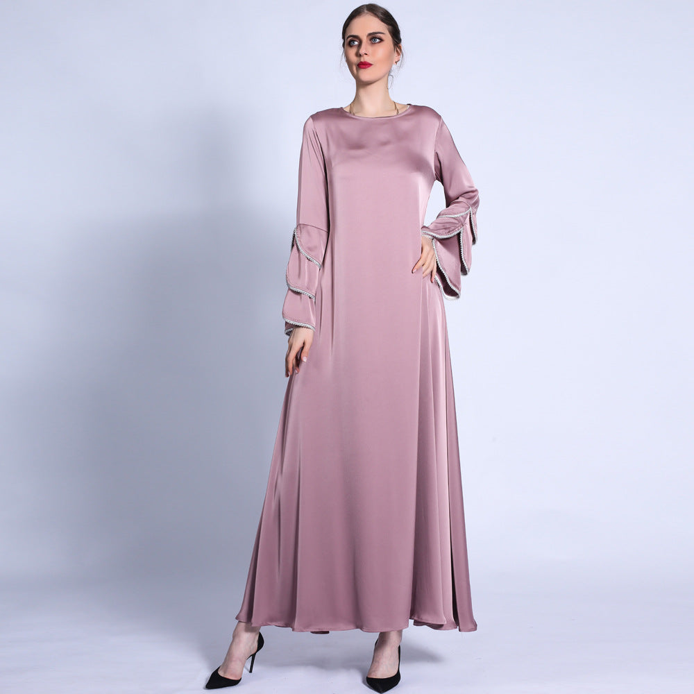 فستان HS0431 غير اللامع بذيل السمكة وأكمام بثلاث طبقات وخرز لامع على شكل حرف A وفستان طويل متأرجح كبير للنساء