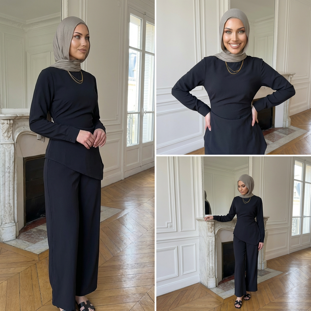 HS6614 Modest Nida Two-Piece Set with Waist Tie & Pocket Trousers