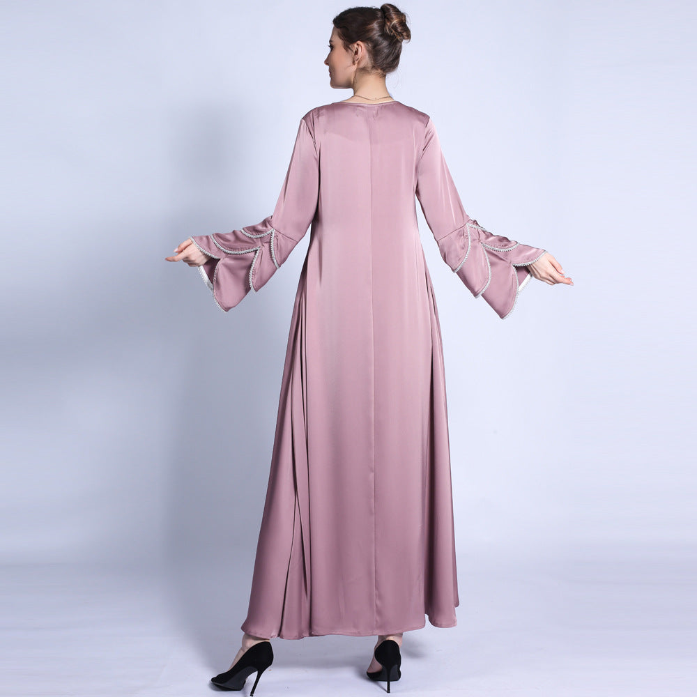 فستان HS0431 غير اللامع بذيل السمكة وأكمام بثلاث طبقات وخرز لامع على شكل حرف A وفستان طويل متأرجح كبير للنساء