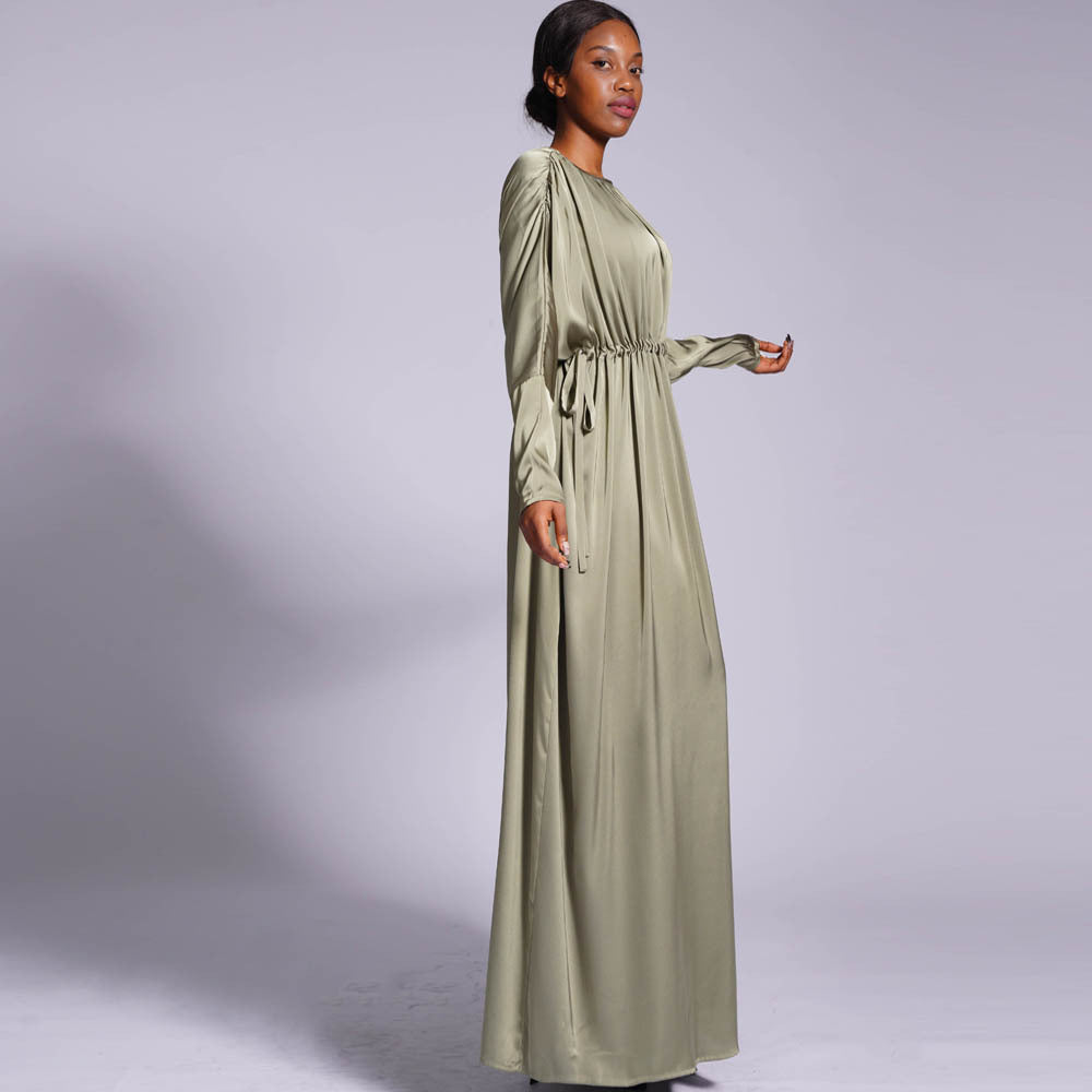 HS0435 Summer style front and back drawstring temperament dress solid color raglan sleeves ladies long skirt